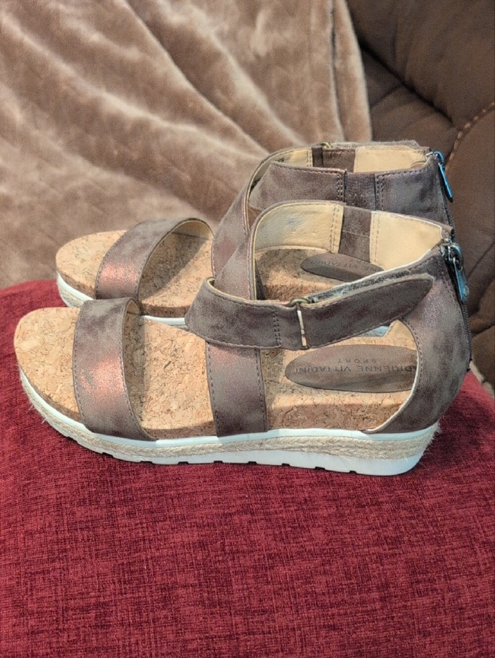 Adrienne Vittadini Taupe Brown Cork Wedge Sandals - Picture 4 of 5